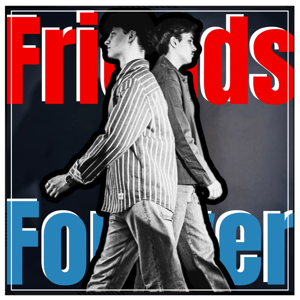 Friends Forever cover art: Elvin and Morris walking back to back in black and white, the title set in red and blue