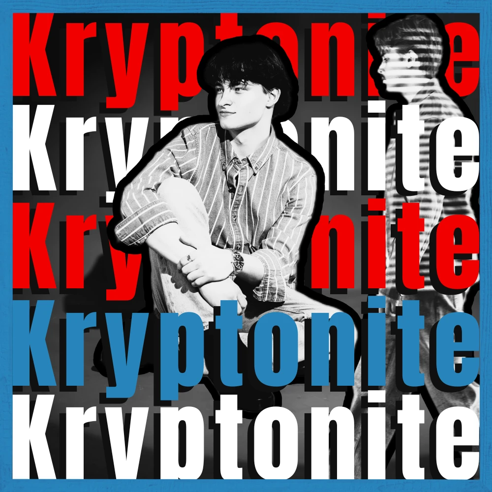 Kryptonite cover art: Elvin sitting on stage in a striped shirt, the title repeated in red, white and blue
